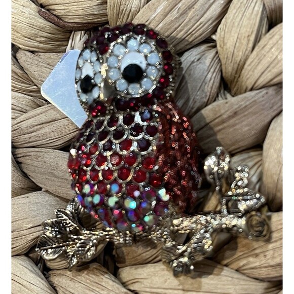 DESIGNER STYLE CRYSTAL RUBY RED RHINESTONE OWL BIRD BROOCH - Picture 5 of 8